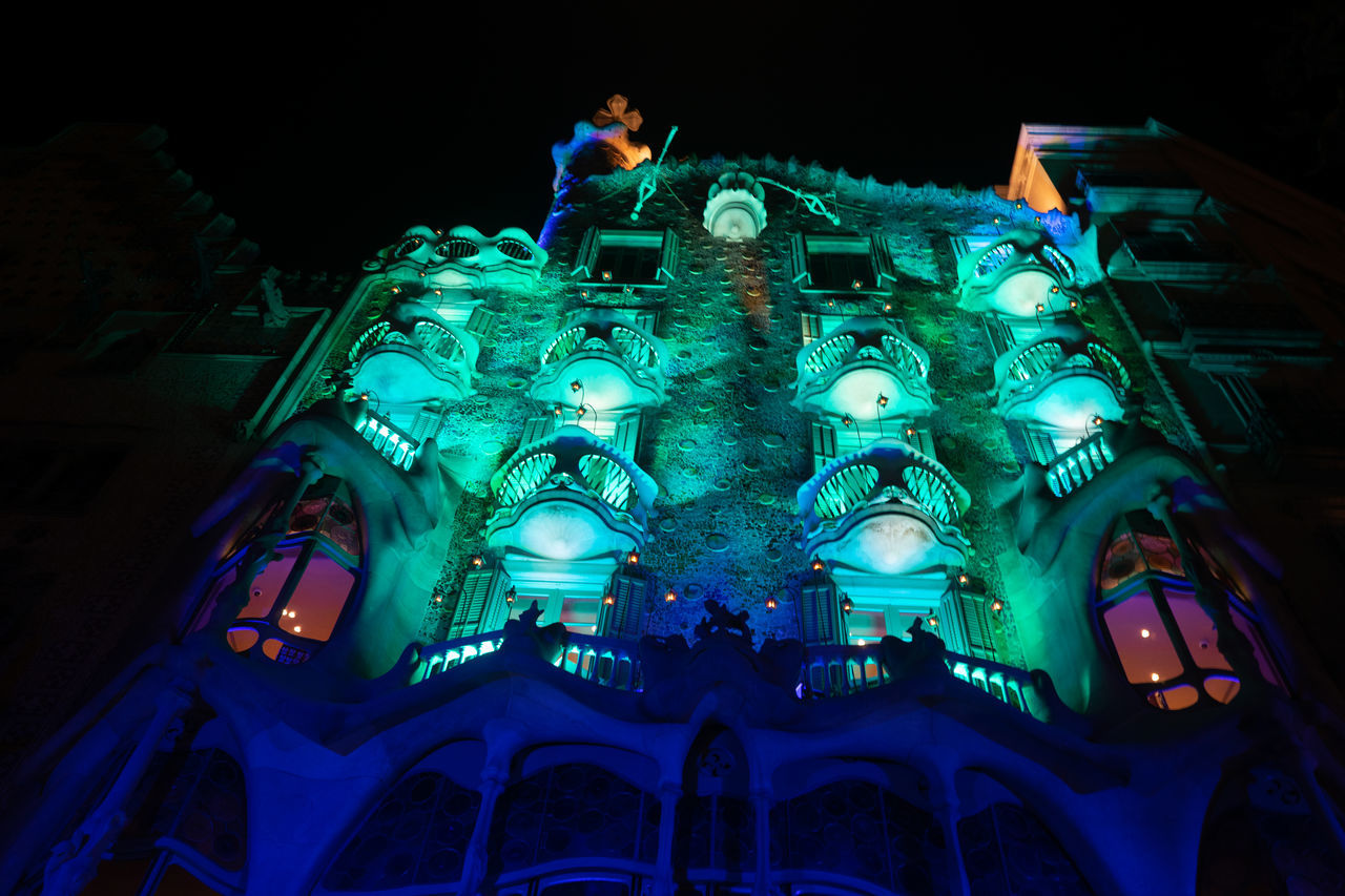 low angle view, night, architecture, light, illuminated, built structure, building exterior, screenshot, no people, amusement park, darkness, travel destinations, building