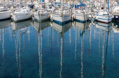 Sailboats moored at harbor in sea