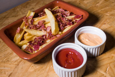 High angle view of meal served on table