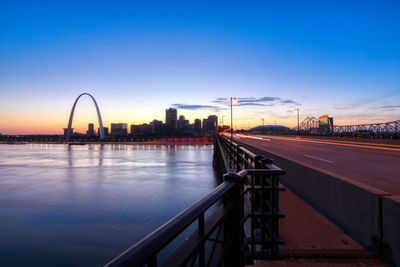 Bridge over river against sky at sunset