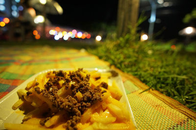 Close-up of food served on table