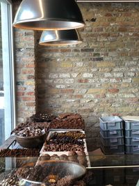 High angle view of food on table against wall