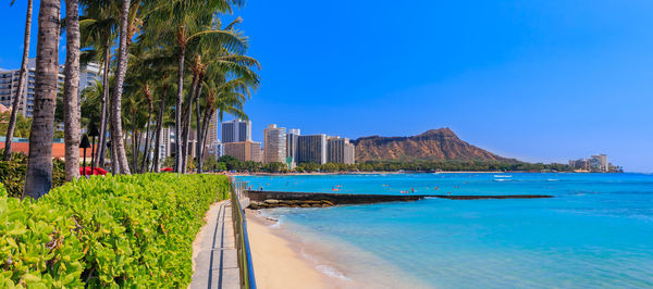 Scenic view of sea against clear blue sky