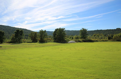 Scenic view of golf course against sky