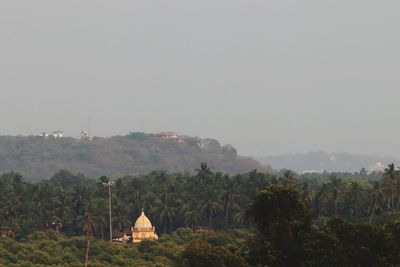 Trees and buildings against clear sky