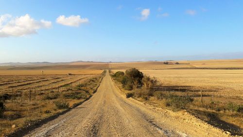 Dirt road amidst field against sky