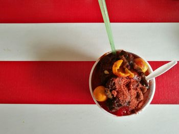 High angle view of dessert on table