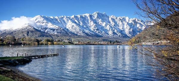 Scenic view of lake against snowcapped mountain
