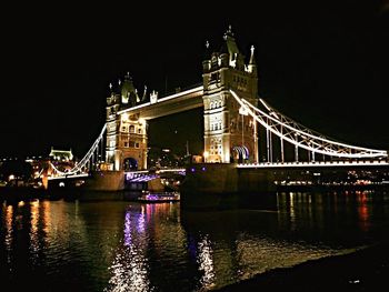 Illuminated bridge over river at night