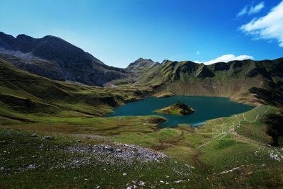 Scenic view of lake by mountains against sky