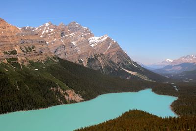 Scenic view of lake and mountains against clear blue sky