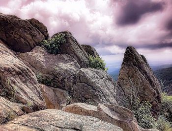 Rock formations on landscape against sky