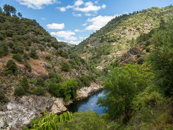 Scenic view of river amidst mountains against sky