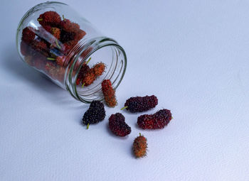 High angle view of fruits in jar on table