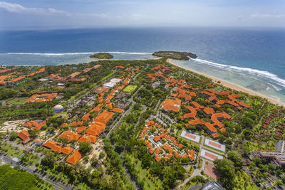 High angle view of plants by sea against sky