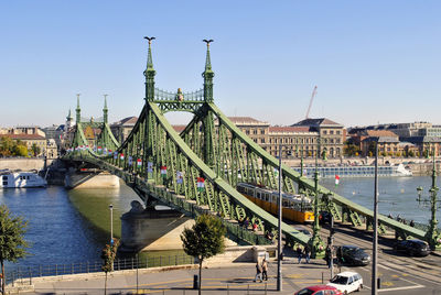 Liberty bridge over river against clear sky