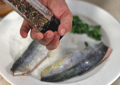 Cropped hand sprinkling seasoning on seafood in plate