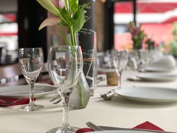 Drinking glasses on table in restaurant