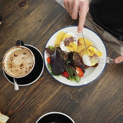 High angle view of breakfast served on table