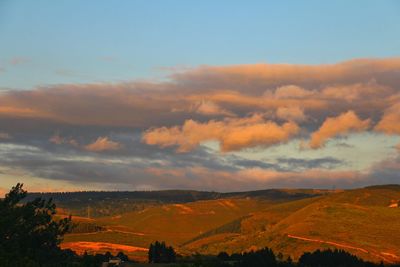 Scenic view of mountains against sky at sunset