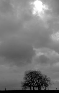 Low angle view of bare trees against cloudy sky