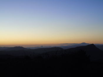 Scenic view of silhouette mountains against clear sky