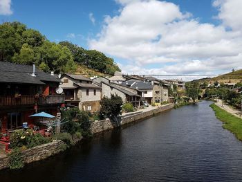 River amidst houses against cloudy sky