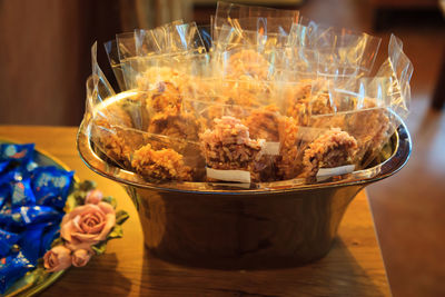 Close-up of ice cream in bowl on table