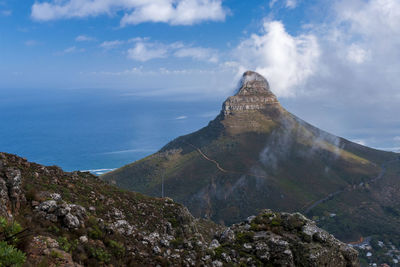 Scenic view of sea and mountain against sky