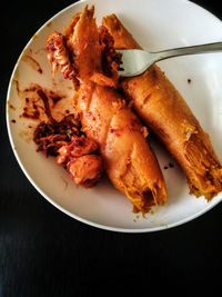 High angle view of food in plate on table