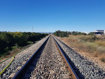 Railroad tracks amidst trees against clear blue sky