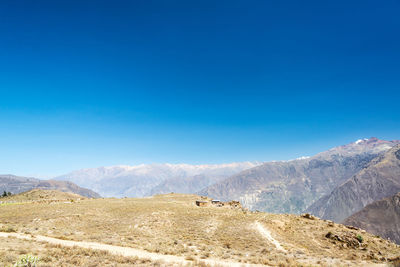 Scenic view of mountains against clear blue sky