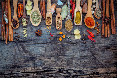 High angle view of various spices on table