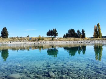 Scenic view of lake against clear blue sky