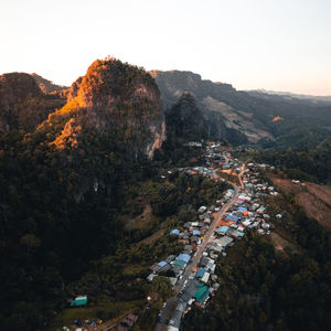 High angle view of townscape against sky during sunset