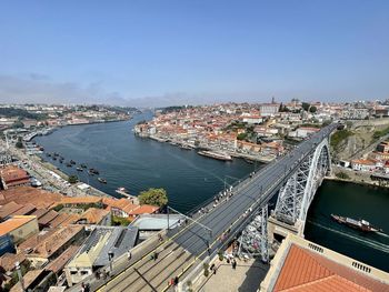 High angle view of city by sea against clear sky