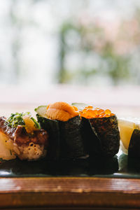 Close-up of sushi in plate on table