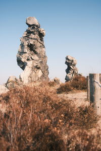 Low angle view of rock against clear sky