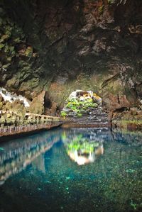 Scenic view of lake seen through cave