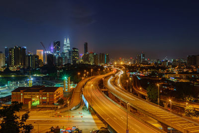 High angle view of city street at night