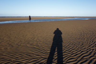 Rear view of man standing on beach against clear sky