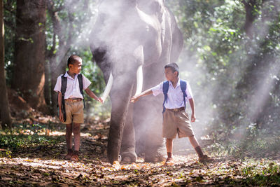 Full length of schoolboys standing by elephant in forest