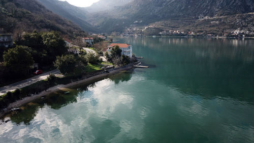 High angle view of lake by trees