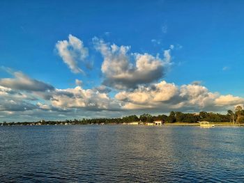 Scenic view of lake against blue sky