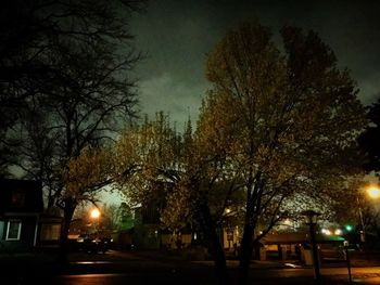 Illuminated street light against sky at night