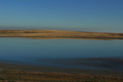 Scenic view of lake against clear blue sky