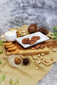 High angle view of cookies on table