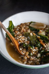 High angle view of soup in bowl on table