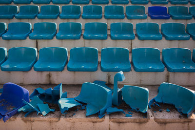 High angle view of empty chairs at stadium