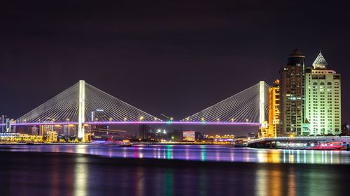 Illuminated bridge over river against buildings at night